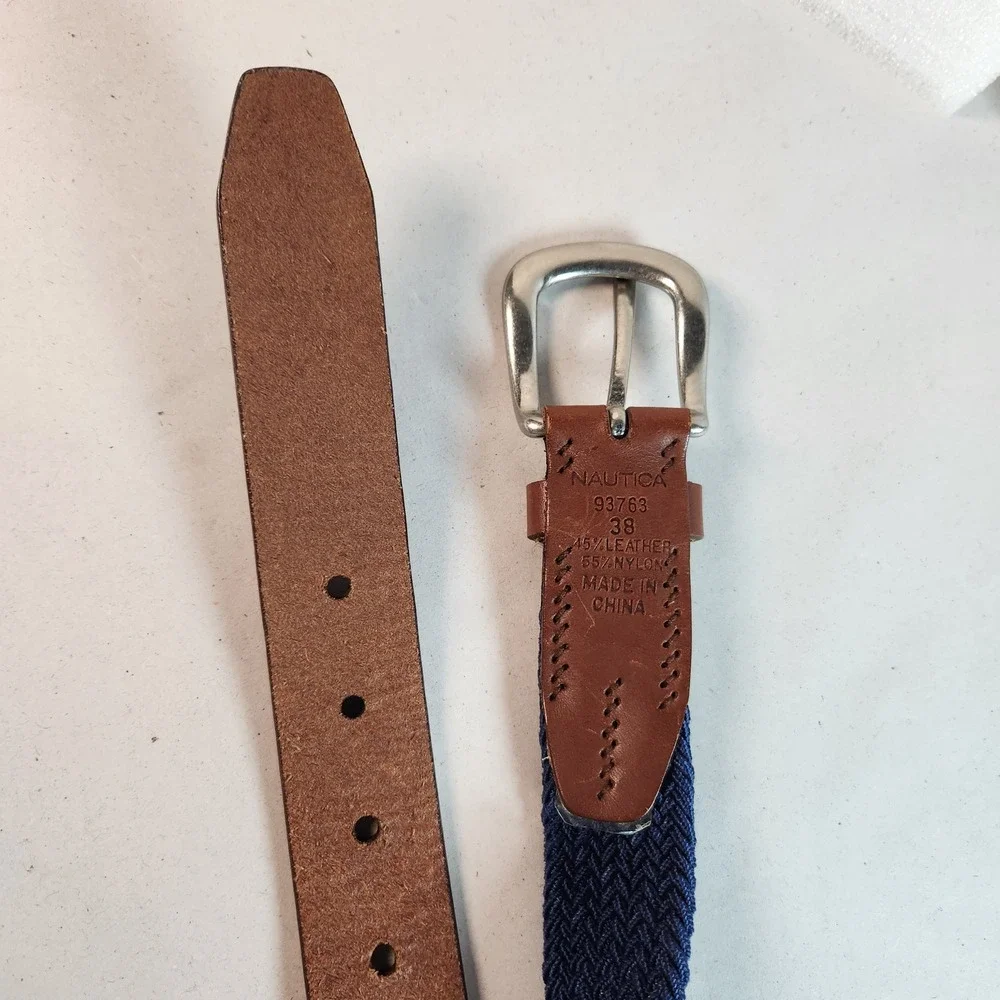 Nautica Mens 38 Braided Web Belt Navy Blue Brown Leather Trim Golf Preppy Resort